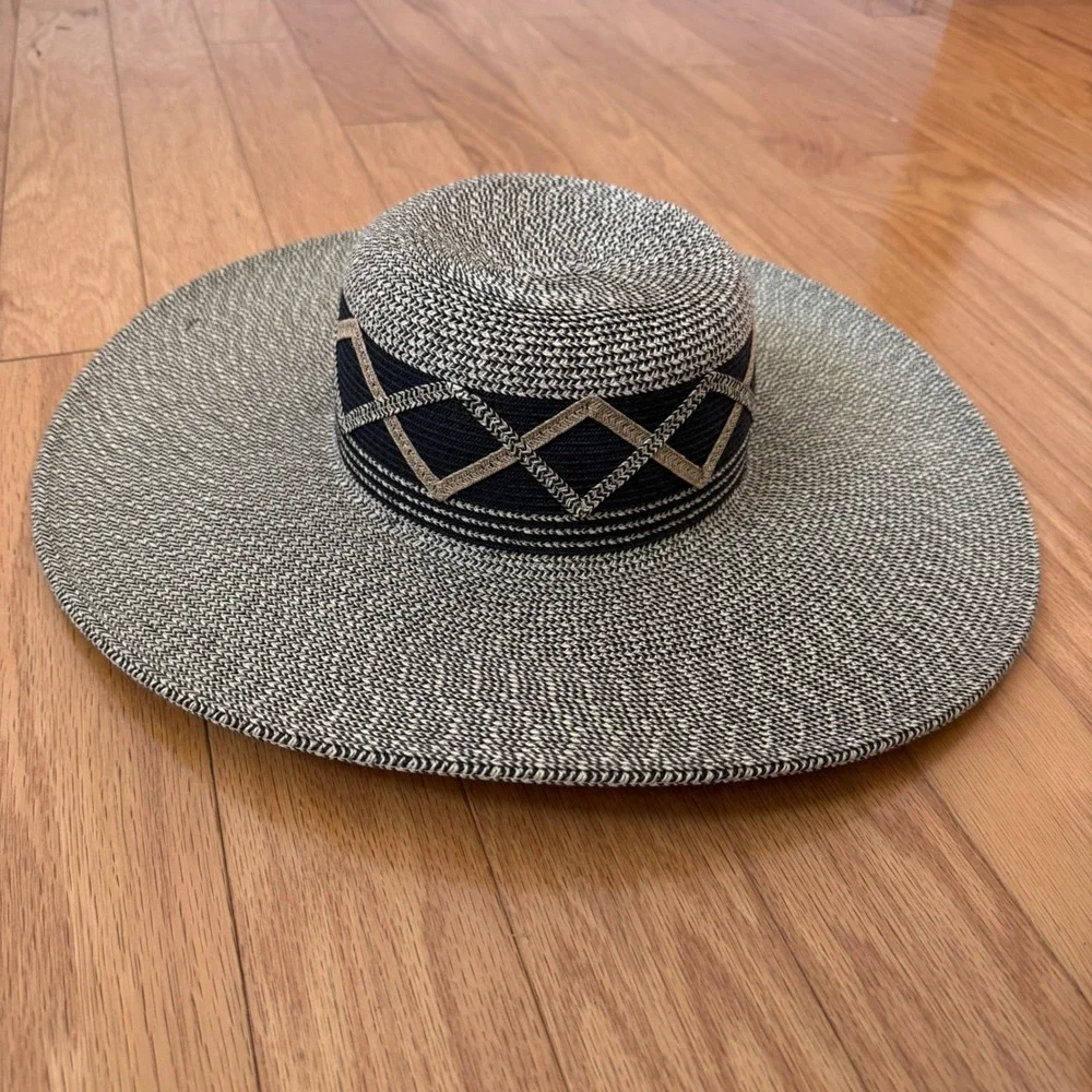 Karen Keith OS Black Tan Straw Wide Brim Sun Hat Geo Band Summer Beach Chic